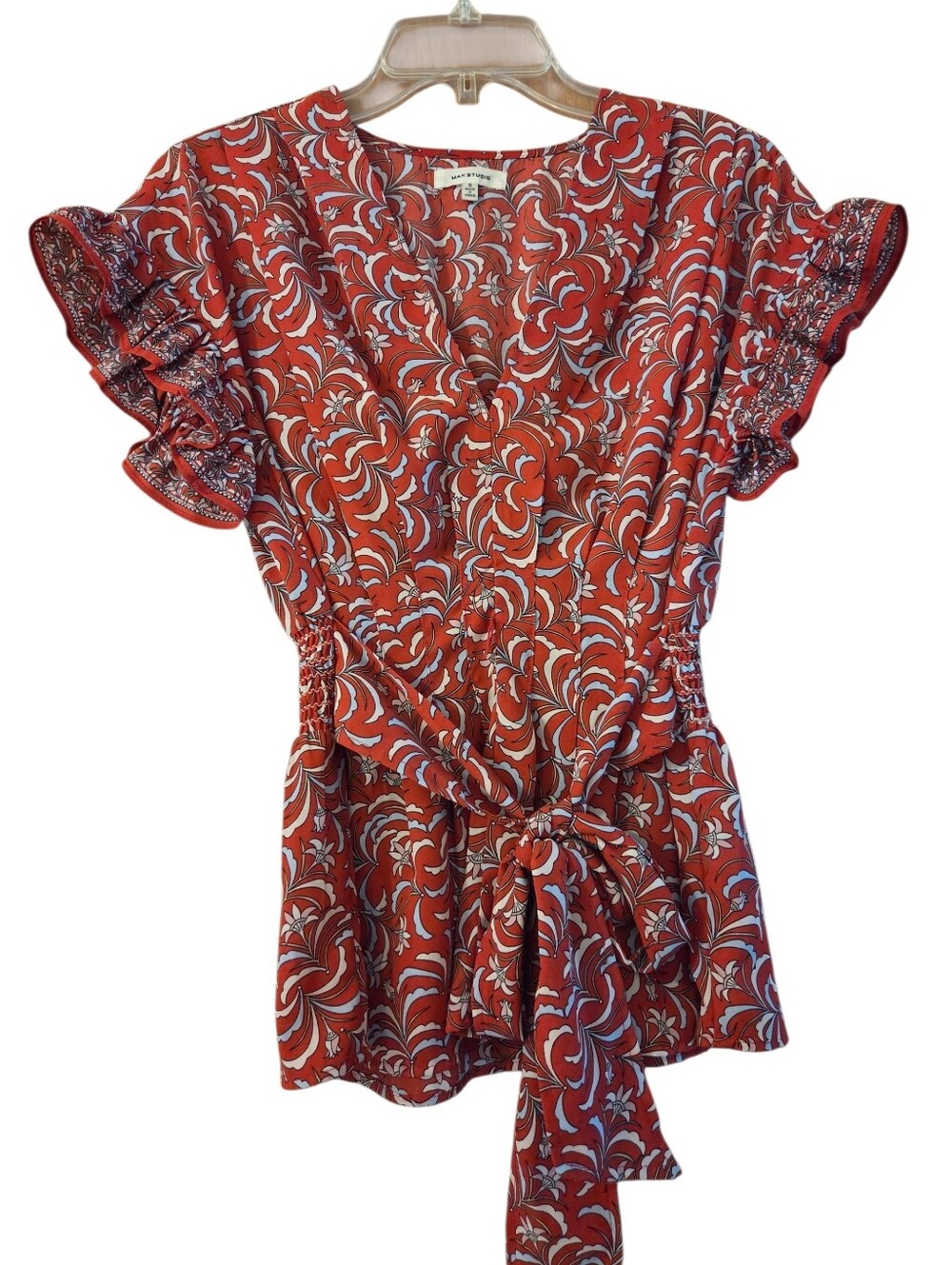 Max Studio 90's Baby Doll Tie Front Top Flutter Sleeve Size Small